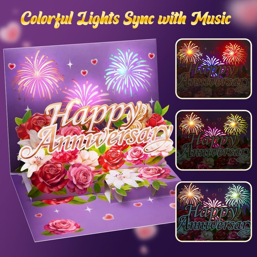 Airpark Anniversary Card with Music & Lights, 3D Pop Up Happy Anniversary Cards for Him Her Husband Wife Couple, Fireworks & Rose Lily Paper Flowers