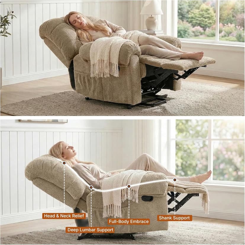 Comfy Recliner Chair for Elderly Seniors Adults, Overstuffed Manual Recliner, Ergonomic Back Pain Relief w/Pockets, Reading Apt Bedroom Living Room, Birthday Gift, Camel