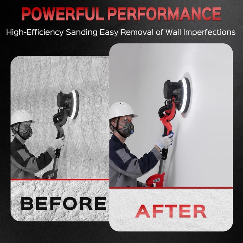 Drywall Sander, 2025 Upgraded 8-Amp Popcorn Ceiling Removal Tool with 7 Variable Speed 800-1800RPM, Drywall Sander with Vacuum Dust Collector with Extendable Handle, LED Light, 12pcs Sanding Discs,Red