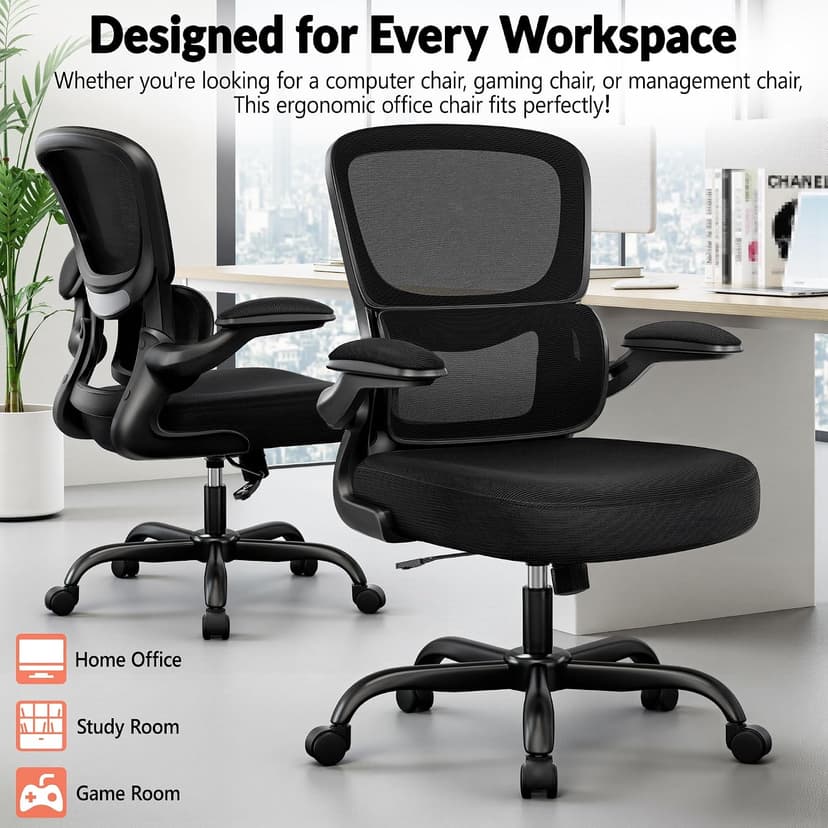 BESTFAIR Office Chair Ergonomic Desk Chair, Breathable Mesh Comfy Chair with Lumbar Support, Computer Chair, Home Desk Chair with Flip-up Armrests, Gaming Chair for Adults Home Office (Black)