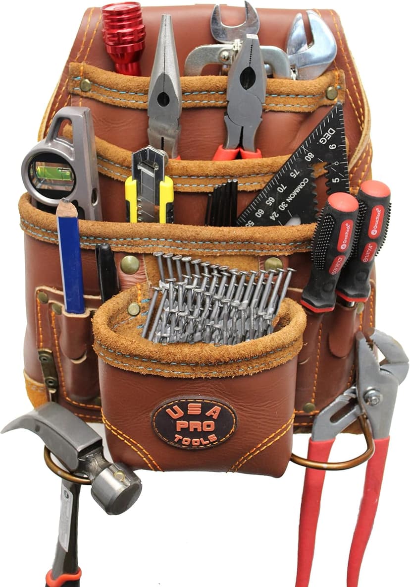 USA Pro Tools Leather Tool Pouch for Carpenter | Best for Electricians, Plumbers, Handyman and Framers | 10 Pockets with 2 Stainless Steel Hammer Holders