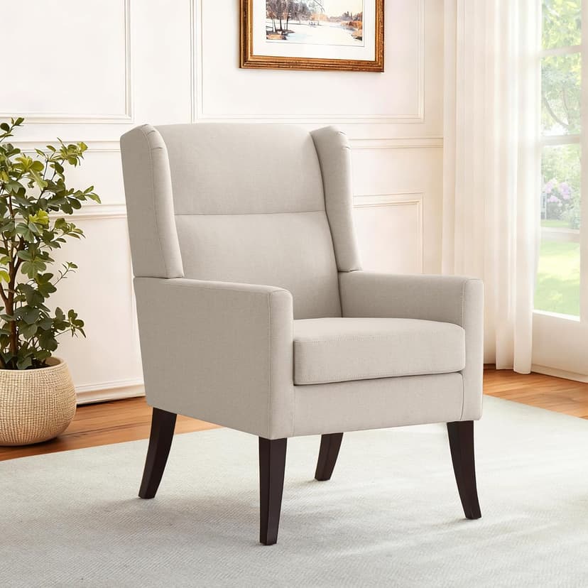 Zihanhome High Back Living Room Chairs, Fabric Accent Chair, Comfy Upholstered Armchair with Wooden Legs for Living Room, Bedroom, Apartment (1, Beige)