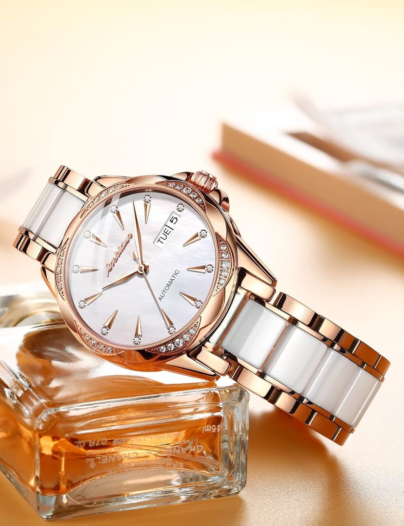 OLEVS Womens Big Face Automatic Watch, Diamond Accented Self Winding Dress Watch for Women, 50M Waterproof Day-Date Sapphire Crystal, Two Tone Stainless Steel Ceramic Band, White/Blue/Green/Red Dial