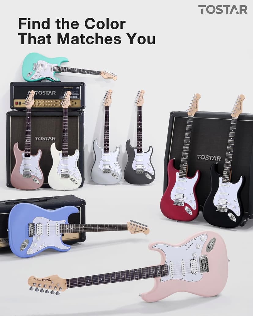 Tostar Beginner Electric Guitar, Solid Body, 39" Full Size Strat Style with HSS Pickups, 5-Way Switch, Tremolo Bridge, Maple Neck & Tectona Fretboard, Ideal for Beginners and Gifting, Black