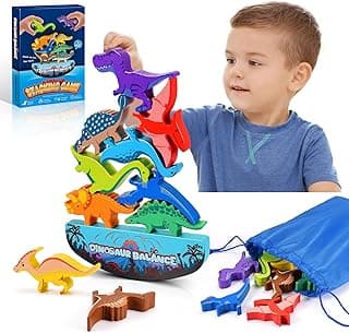 IPOURUP Dinosaur Toys for Kids 3-5: Wooden Stacking Montessori Toys for 3 4 5 6 7 8 Year Old Boys Girls Birthday Gifts for Kid Ages 4-8 Balance Competition Game for Family Stocking Stuffers