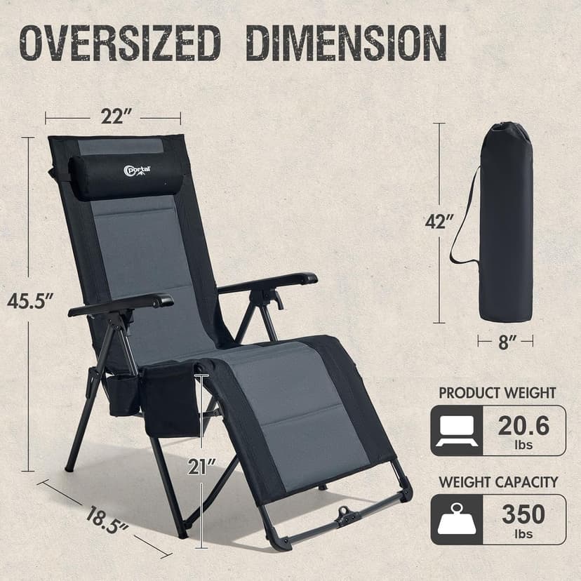 Portal Portable Zero Gravity Chair, Lounge Chair Outdoor Oversized Zero Gravity Chair Folding Lounge Chair with Adjustable Pillows and Cup Holder for Poolside Backyard and Lawn, Support 350lbs