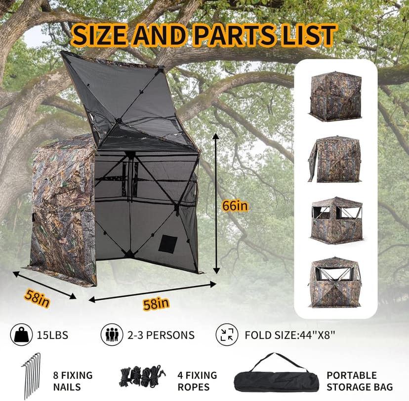 FUNHORUN Hunting Blind 270/360 Degree See Through Ground Blind with Carrying Bag, 2/3/4 Person Pop Up Camouflage Tent Portable Concealed Shelter
