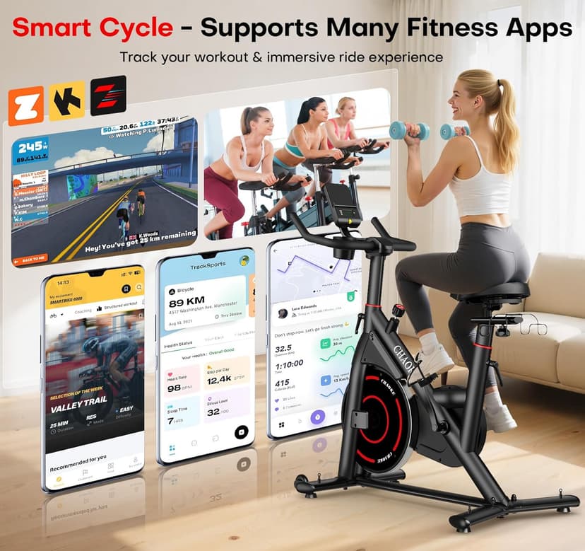 CHAOKE Exercise Bike, Quiet Adjustable Magnetic Stationary Bike for Home Cardio with App Compatible, 350LB Weight Capacity Indoor Cycling Bike with Large Seat, Dumbbell Rack, Pull Cords & LCD Display