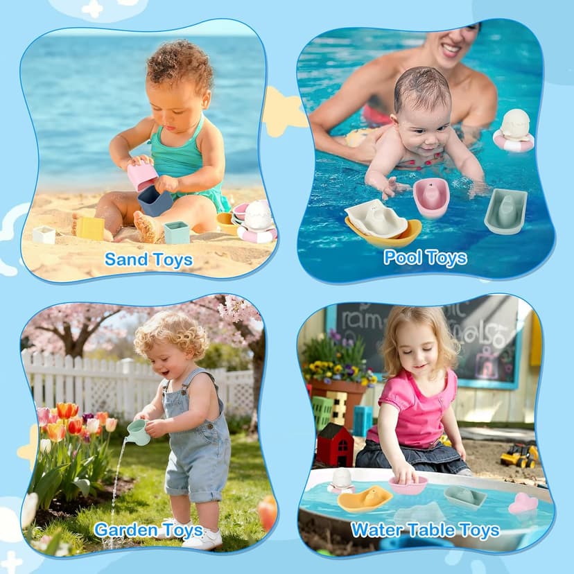 MCGMITT Baby Bath Toys for Kids Ages 1-3, 12 PCS Silicone Mold Free Bathtub Toys for 6-12 Months, Soft Stacking Cups & No Hole Duck & Floating Boats, Beach Sand Water Table Pool Toys for Toddlers