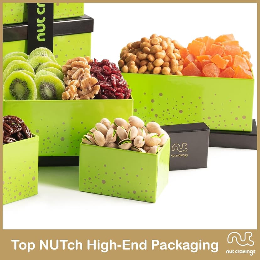 Green Tower + Ribbon, Food Arrangement, Healthy Snack Care Package, Kosher NUT CRAVINGS - Dried Fruit & Mixed Nuts Gift Basket (12 Assortments) B081294WT2