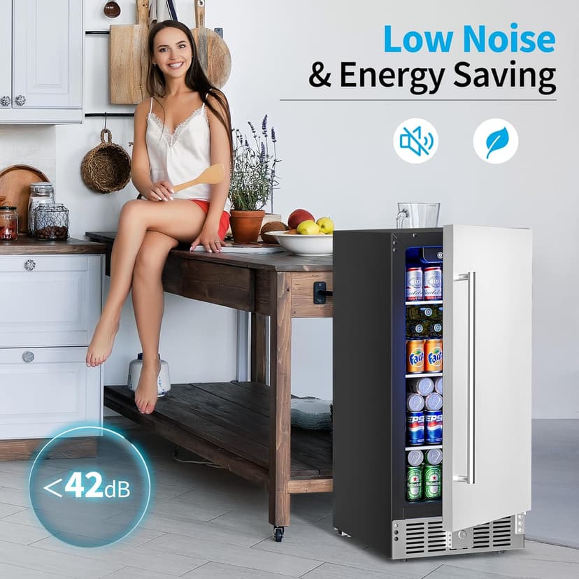Feelfunn 15 Inch Undercounter Beverage Refrigerator - 126 Cans Beverage Fridge with Stainless Steel Door for Beer Wine Soda - Built-in or Freestanding Wine Cooler for Home Kitchen Bar