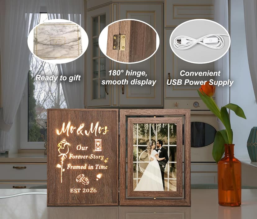 Bridal Shower Gifts for Bride Groom, Wood Wedding Photo Frames 4x6 for 2 Pictures EYITUPC Rotating Light Up Mr Mrs 2026 Wood Frame Bridal Shower Wedding Gift B0G1Y2DY35