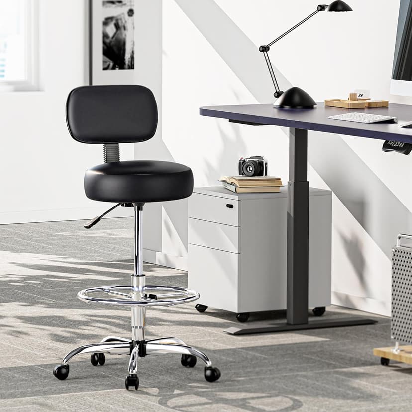 SUPERJARE Drafting Chair with Back, Adjustable Foot Rest Rolling Stool, Multi-Purpose Office Desk Chair, Thick Seat Cushion for Home Bar Kitchen Shop - Black