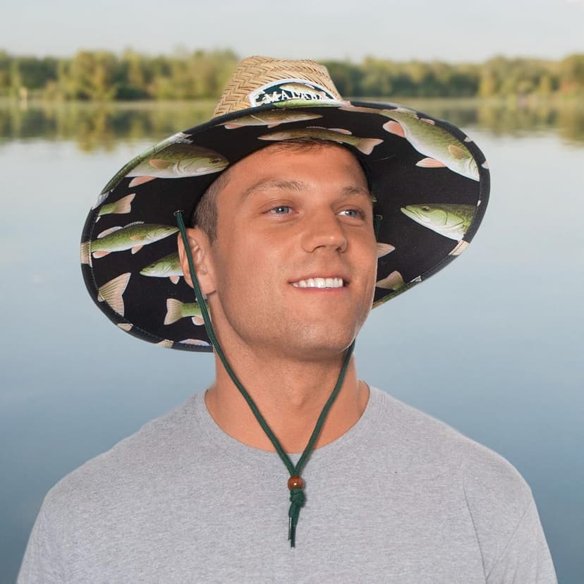 KC Republic Fabric Pattern Print Straw Sunhat Men & Women, Lifeguard Hat, Beach, Swim, Cruise, Paddle Board, Boat, Fishing, Fits All