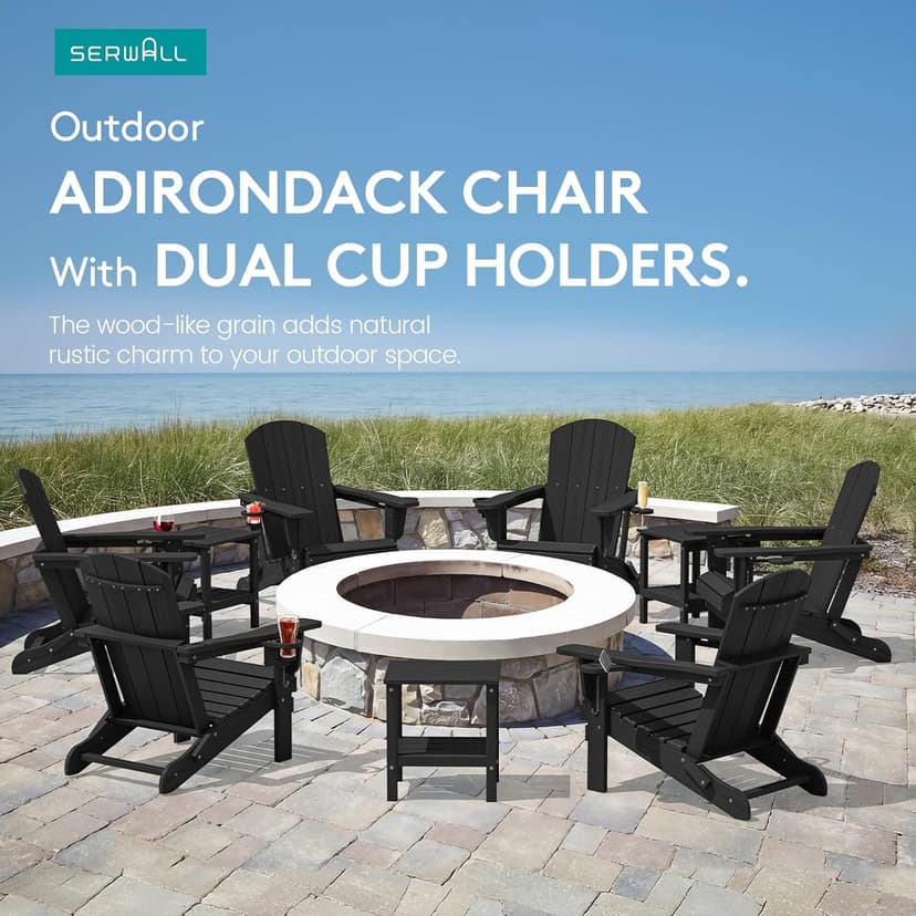 SERWALL HDPE Folding Adirondack Chair with Dual Cup Holder - Composite Adirondack Chair Set of 4- Black