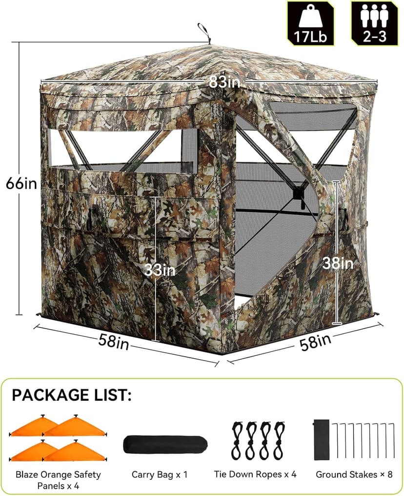 Hunting Blind 360° Silent See Through Blind with Swing Door, 2-3 Person Pop Up Ground Blind with Carrying Bag, Portable Hunting Tent for Deer & Turkey Hunting