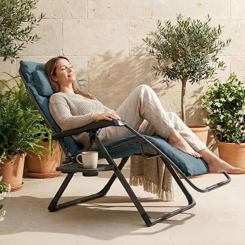 EVER ADVANCED Thick Padded Zero Gravity Chair, Oversized Reclining Lounge Chair with Adjustable Headrest & Cup Holder, Heavy Duty Support 350 lbs, Foldable for Camping, Lawn, Outdoor & Indoor, Green