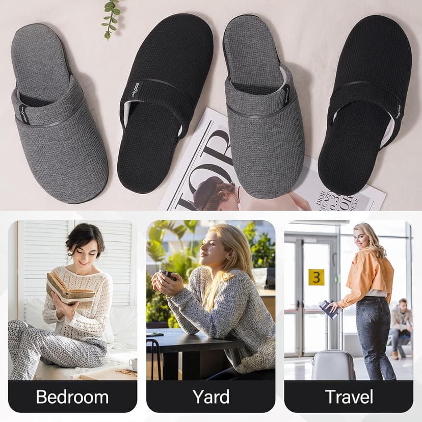 ERGOfoot Orthopedic Slippers for Women, Slip-On Style Summer Slipper with Arch Support, Cozy Comfy Scuff House Shoes for indoor and outdoor with Non-Slip Rubber Sole/Black W9