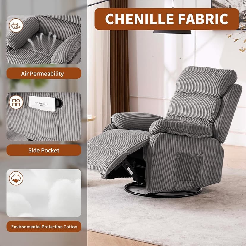 Plush Premium Velvet 360° Swivel Rocker Recliner Chair - High Back Glider with Generous Footrest, Supportive Armrests & Side Pocket for Nursery, Living Room & Small Spaces Grey