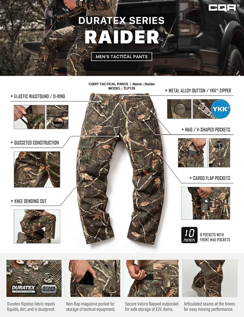 CQR Men's Tactical Pants, Water Resistant Ripstop Cargo Pants, Lightweight EDC Work Hiking Pants, Outdoor Apparel