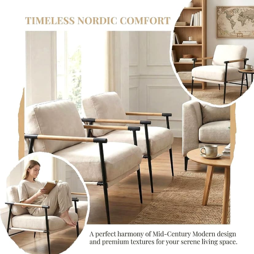 LukeAlon Mid Century Chenille Accent Chairs Set of 2, Ultra Soft Living Room Chairs with Metal Legs Modern Armchair Lounge Chairs Upholstered Comfy Leisure Chair for Bedroom Reception Area, Beige