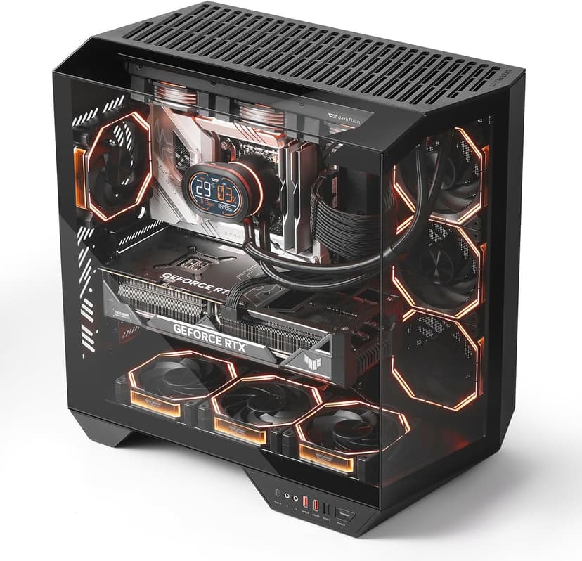 darkFlash Full-Tower ATX Gaming PC Case, Vertical GPU Mounting, Back Plug-in Motherboard, Dual-Chamber, Panoramic Glass, Up to 2 x 360mm Radiators, RTX 40 Compatible(DY470) (1 PWM ARGB Fans, Black)