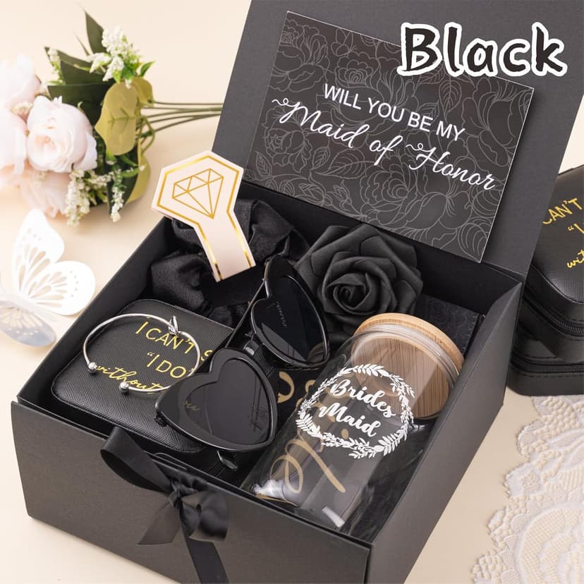 4 Sets Black Bridesmaid Proposal Gifts, Maid of Honor Gift Includes Wedding Gift Box Jewelry Box Makeup Bag Bracelet Foam Flower Invited Card Glasses Cup Hair Tie for Bridal Shower Bachelorette Party