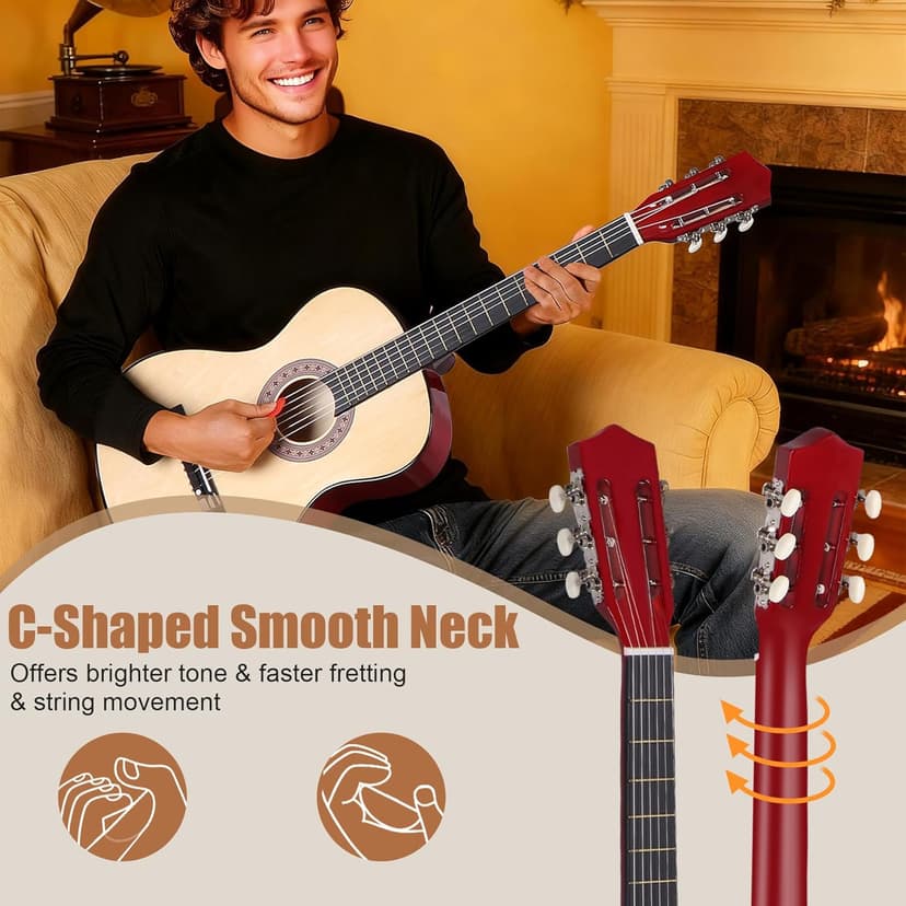 38 Inch Beginner Acoustic Guitar, 6-String Guitar Starter Kit for Starters with Gig Bag, Strings, Strap, Pitch Pipe and Pick, Natural