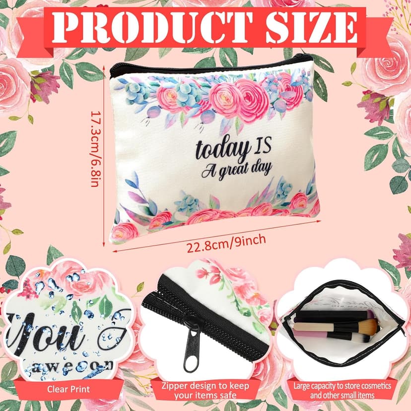 Pinkunn 16 Pcs Canvas Makeup Bags Bulk Inspirational Gift Quotes Cosmetic Bags with Zipper Encouragement Travel Toiletry Pouch Appreciation Gift for Women Girls Birthday Party Favors(Flower)