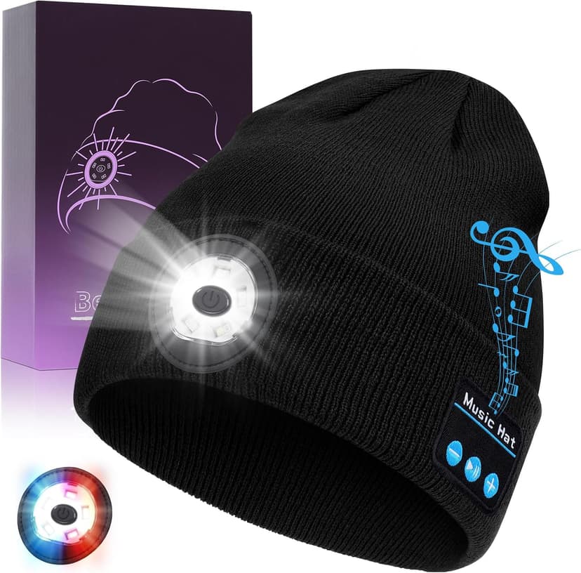 Bluetooth Beanie with Light, USB-C Charging 5 LED Flashlight Hat, Built-in Stereo Speakers Mic, Christmas Stocking Stuffers White Elephant Gifts for Men Dad Teens Boys for Camping Fishing B0DJ17Q4X3