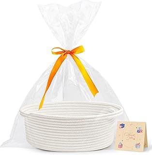Pro Goleem Small Woven Basket with Gift Bags and Ribbons Durable Baskets for Halloween Gifts Empty Small Rope Basket for Storage 12"X 8" X 5" Baby Toy Baskets with Handles, White