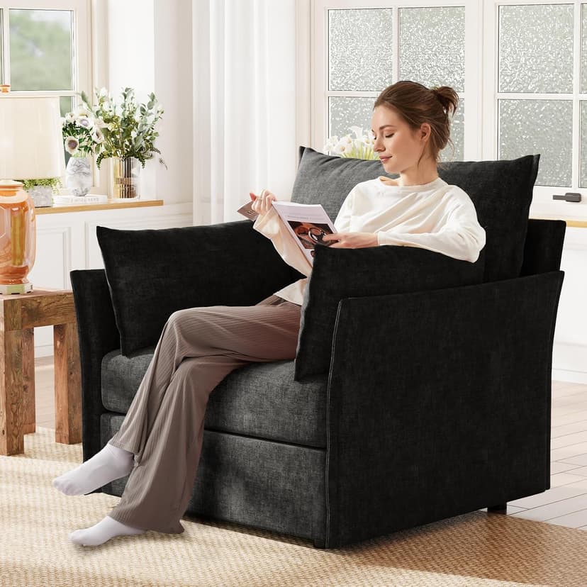 ABCASA Black Oversized Accent Chair with Removable & Washable Chenille Cover, Modern Mid-Century Upholstered Armchair, Deep Seat Comfy Reading Chair for Living Room, Pet & Kid Friendly