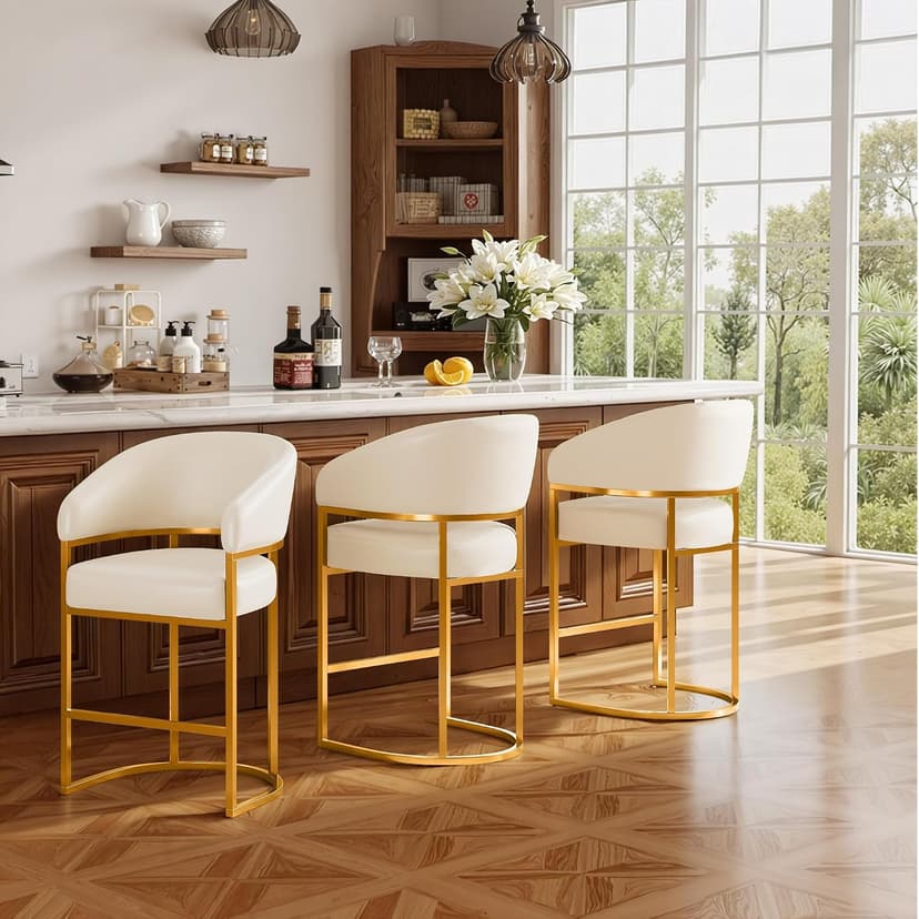 Modern Counter Height Bar Stools,Bar Stools Set of 3,PU Leather Upholstered Barrel Barstools with Backs,26" Kitchen Island Chairs,Metal Gold Frames,Beige White Leather