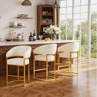Modern Counter Height Bar Stools,Bar Stools Set of 3,PU Leather Upholstered Barrel Barstools with Backs,26" Kitchen Island Chairs,Metal Gold Frames,Beige White Leather