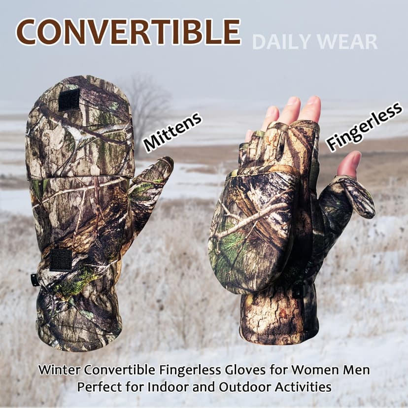 Favuit Camouflage Hunting Gloves Convertible Fingerless Mittens Pro Anti-Slip Windproof Camo Glove Archery Accessories for Hunting Camping Hiking Climbing Outdoors Gear