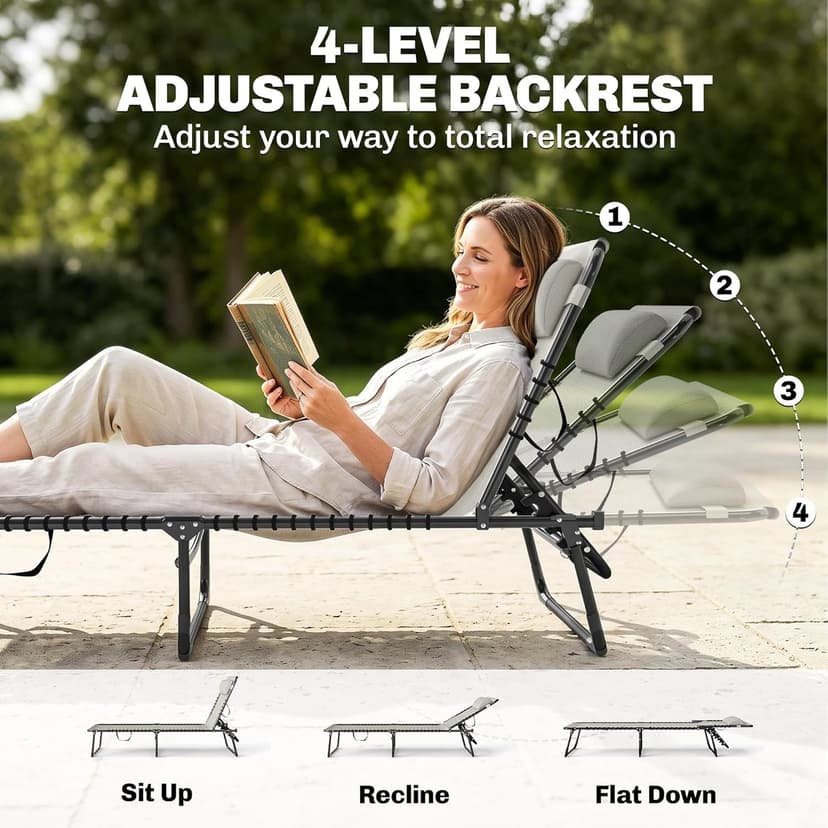 Outsunny Folding Chaise Lounge Chair, Patio Sun Tanning Chair, Outdoor Chaise Lounger with 4-Position Reclining Back, Breathable Mesh Seat for Beach, Poolside, Yard, Cream White