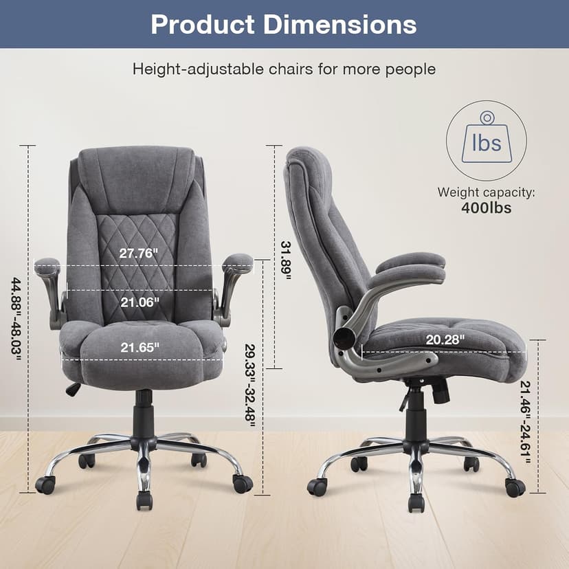 Big and Tall Fabric Office Chair 400lbs High Back Executive Computer Desk Chair with Flip Up Armrest, Breathable Fabric Adjustable Height Ergonomic Home Office Heavy Duty