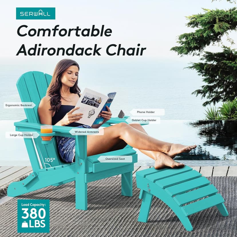 SERWALL Adirondack Chair with Cup Holders - Composite Adirondack Chairs Set of 2 HDPE Outdoor Chairs All Weather Use- Aruba
