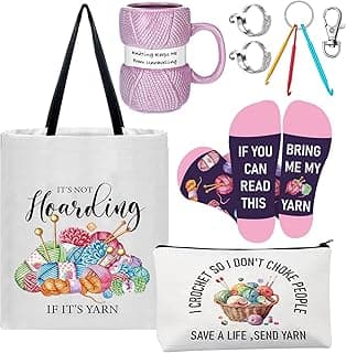7 Pcs Crochet Knitter Gift Set Humorous Novelty Crochet Mug Mini Hooks Keychain Knitting Loop Ring Makeup Bag Handbag Sock for Women Christmas Beginner Lovers Gifts