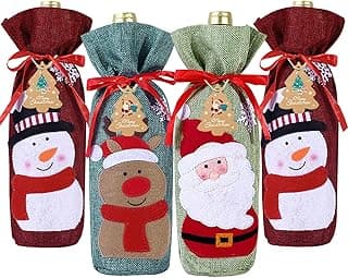 4pcs Christmas Wine Bottle Bags Burlap Wine Bottle Gift Bags with Drawstring, Reusable Santa Claus, Snowman & Reindeer Drawstring Covers for Xmas New Year Party Table Decoration