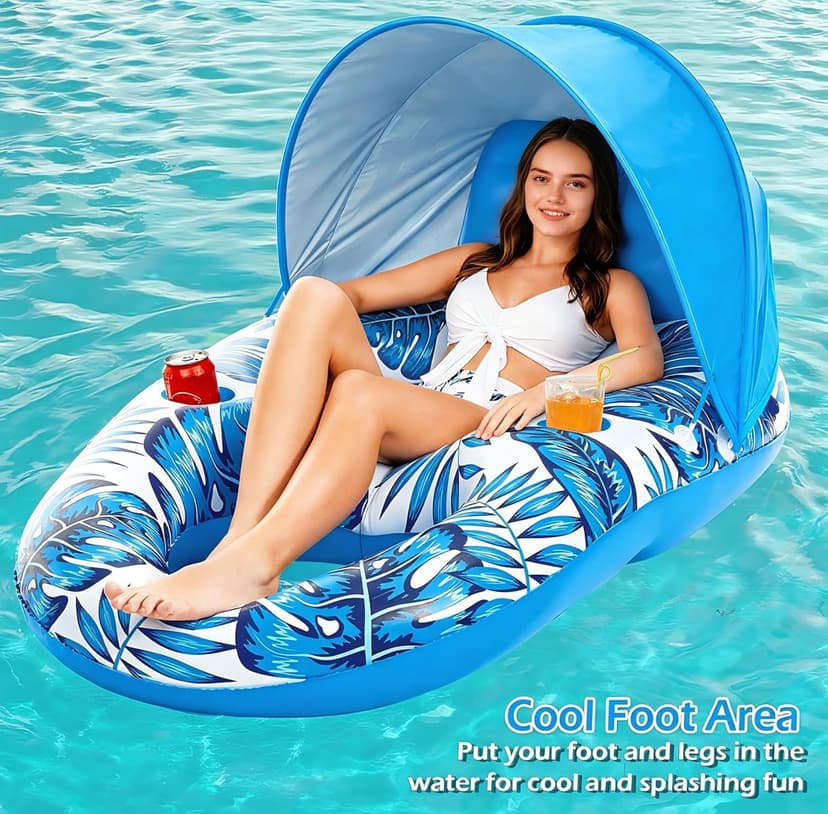 Jasonwell Pool Float with Canopy - Inflatable Pool Floaties Adult Lounger Floats Raft Floating Chair with Cup Holders for Swimming Pool Lake Water Lounge Float Beach Pool Party Toys for Adults