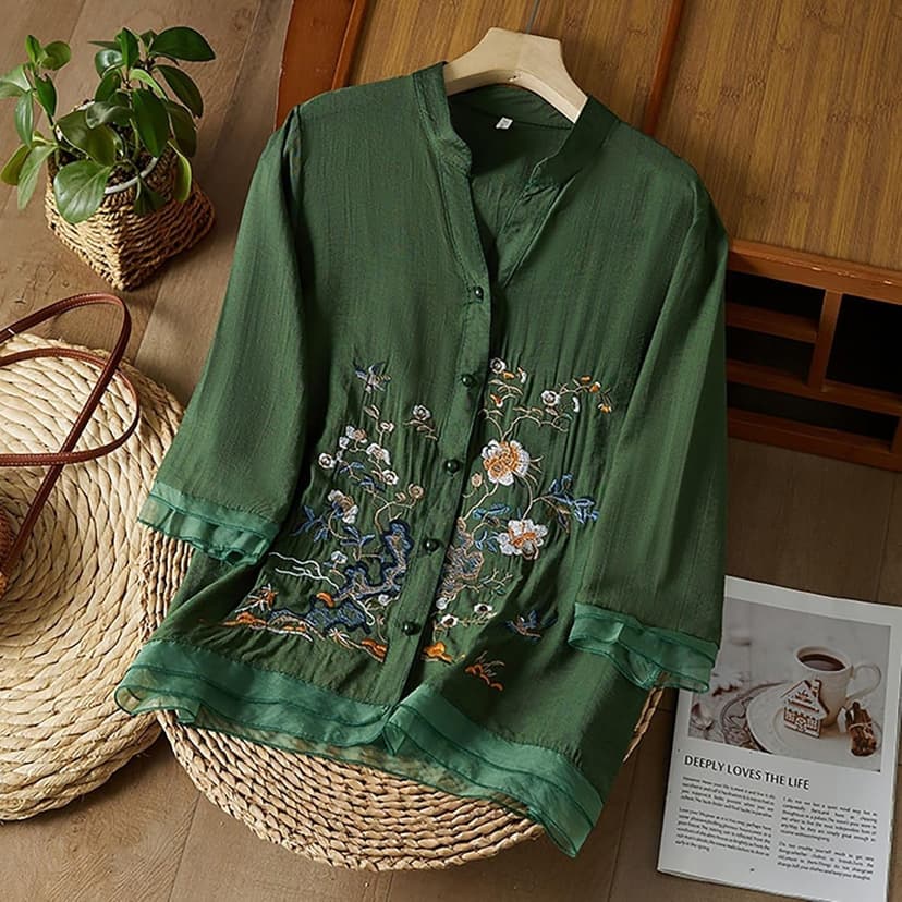 MGWTFZDL Linen Shirts for Women Summer Retro Embroidered 3/4 Sleeve Boho Peasant Tops Dressy Casual Blouses