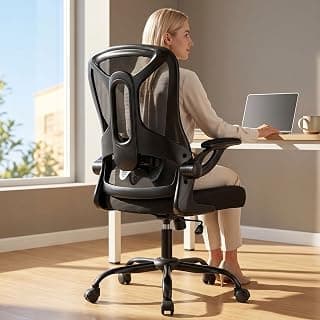 Ergonomic Office Chair, 300 lbs Heavy Duty Mesh Computer Chair with Adjustable Lumbar Support, 90° Flip-up Arms Space Saving Desk Chair, Mid Back Breathable Task Chair for Home Office, Black