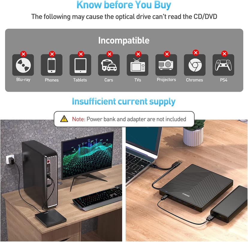 ORIGBELIE External CD DVD Drive, Ultra Slim CD Burner USB 3.0 with 4 USB Ports and 2 TF/SD Card Slots, Optical Disk Drive for Laptop Mac, PC Windows 11/10/8/7 Linux OS