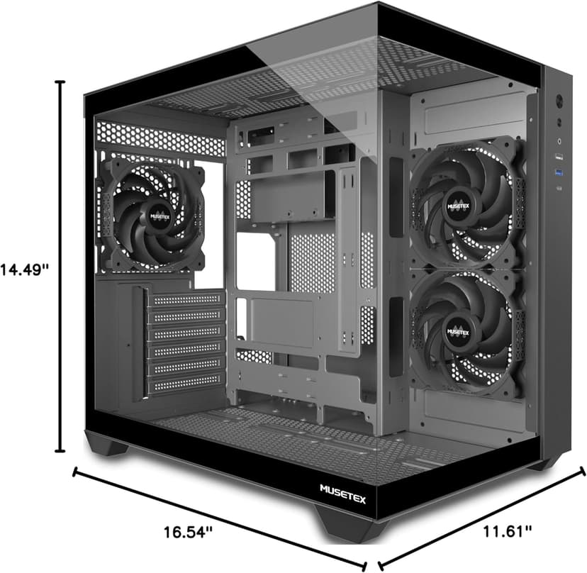 MUSETEX ATX PC Case, 3 x 120mm Fans Pre-Installed, 360MM RAD Support, 270° Full View Tempered Glass Gaming PC Case with Type-C, Mid Tower ATX Computer Case, Black, Y6
