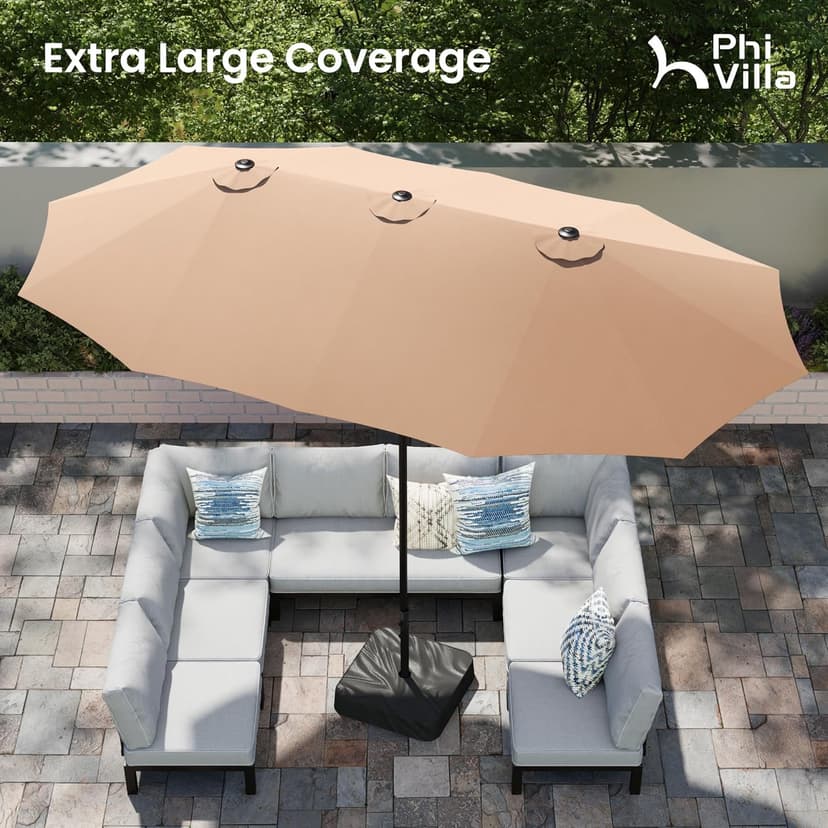 PHI VILLA 15ft Large Patio Umbrellas with Base Included, Outdoor Double-Sided Rectangle Big Market Umbrella with Stand, Outside Umbrellas for Poolside Lawn Backyard, Beige