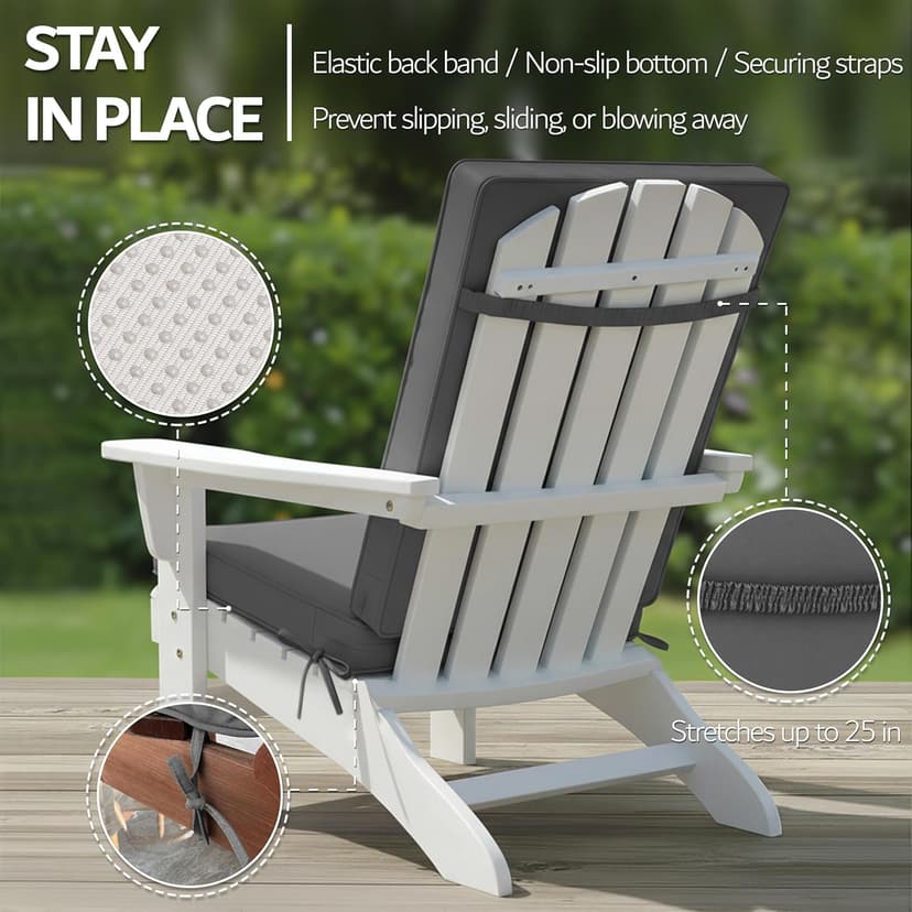 Outdoor Adirondack Chair Cushions Set of 2 - Removable Covers, Water-Repellent, Fade-Resistant, Non-Slip Bottom & Securing Straps, Universal Fit for Most Adirondack & Rocking Chairs - Dark Grey