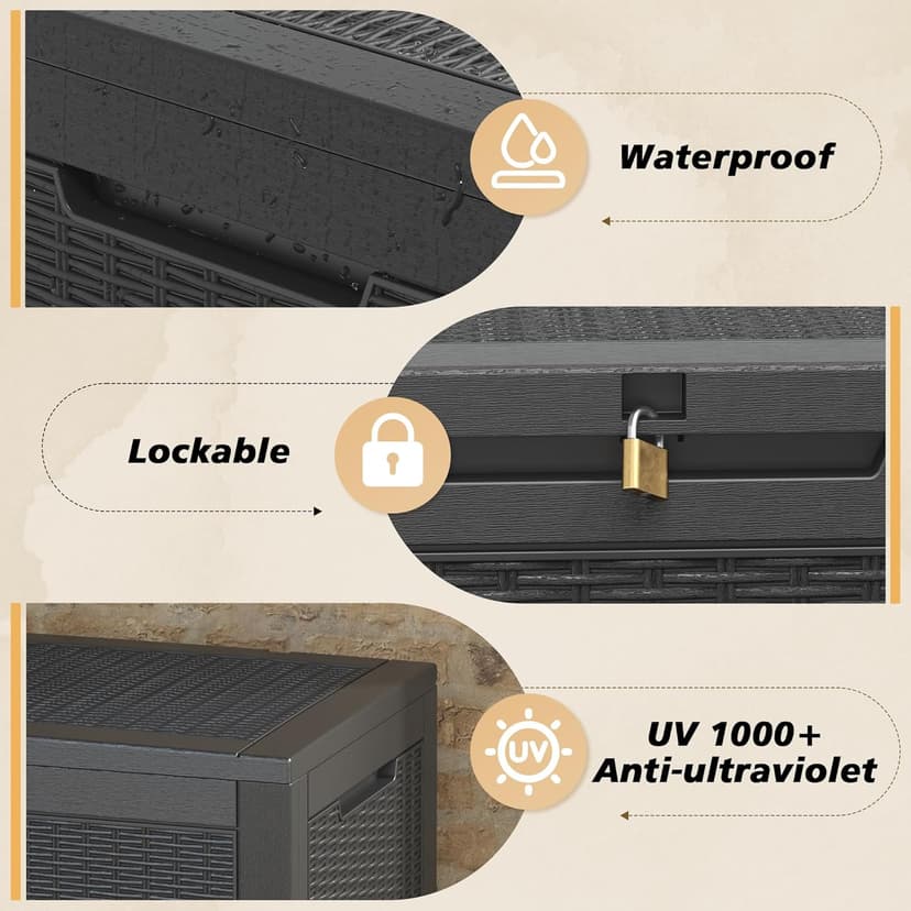 100 Gallon Outdoor Storage Box, Resin Deck Boxes Outdoor Waterproof For Patio Furniture, Garden Tools, Pool Supplies, Lockable And UV Resistant (Rattan Black)