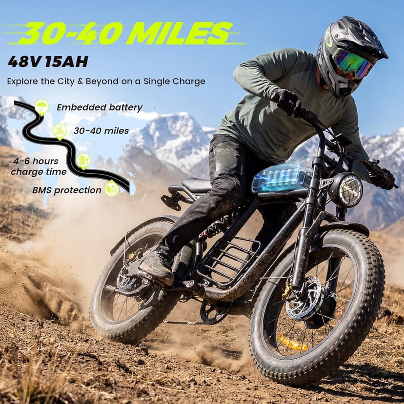 Electric Bike for Adults, 1000W/1500W/3000W Dirt Bike, 30/34/37MPH, 48V 15 Ah/18.9Ah/25Ah e Bike, 40/47/100 Miles Electric Motorcycle, 20" Fat Tire Off-Road Bike, All Terrain Electric Bike