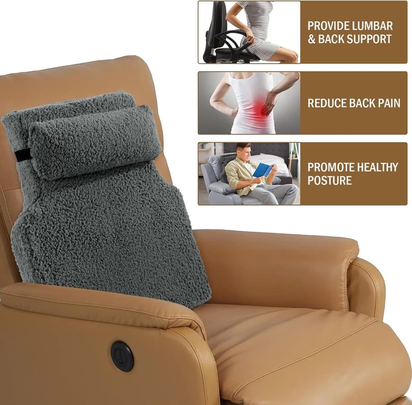 HOMBYS Sherpa Fleece Lumbar Support Pillow with Headrest for Recliner,Memory Foam Recliner Chair Cushion for Back Pain,Big High Back Support for Recliner with Chair Headrest for Elderly (Grey)